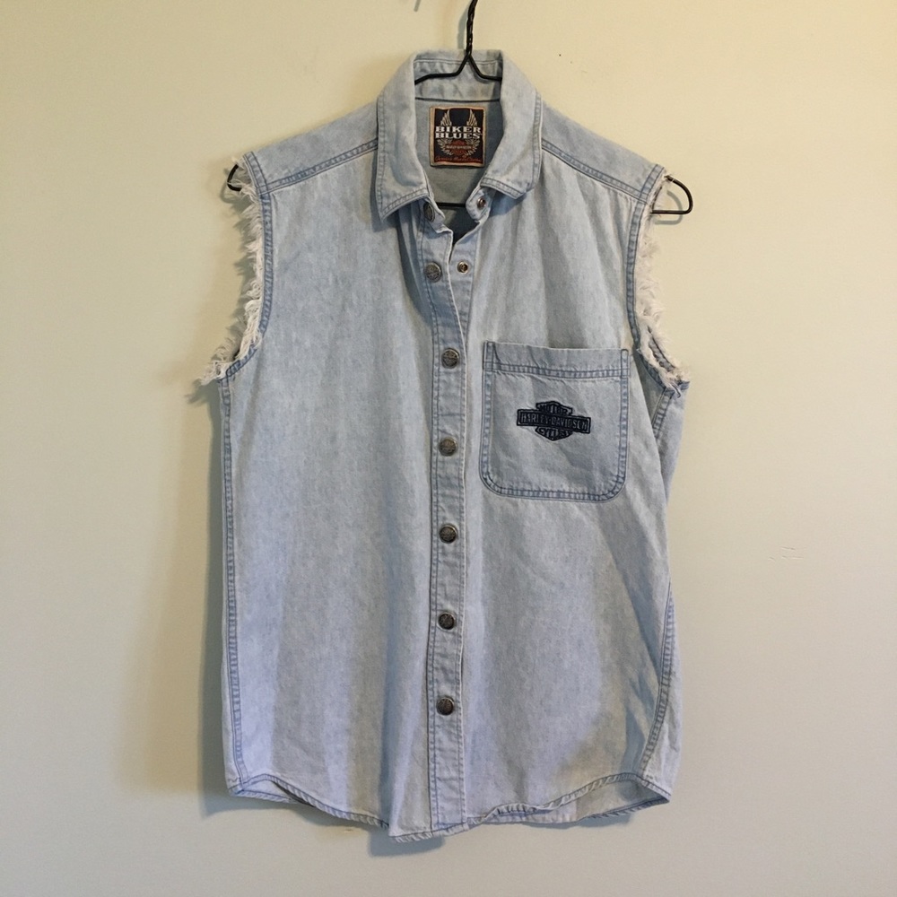 Harley Davidson Frayed Denim Vest Blue XS